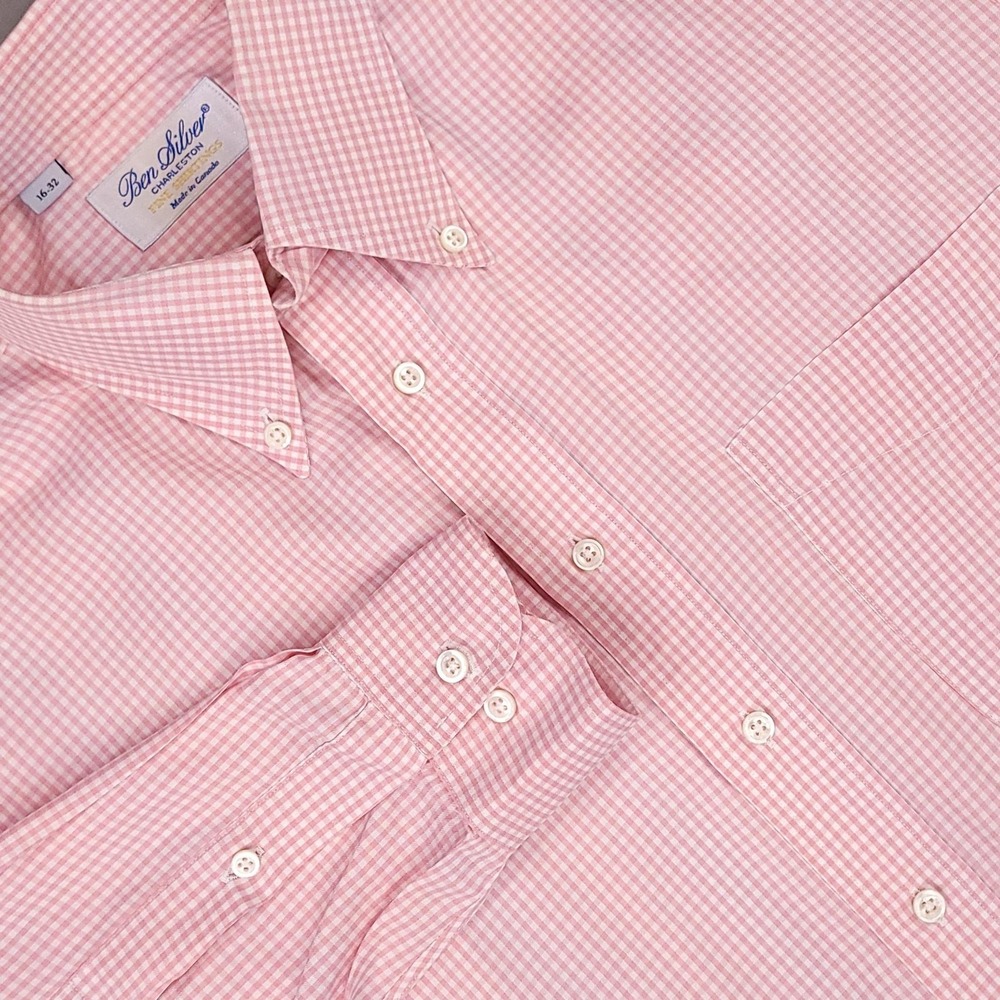 Ben Silver Shirt Mens Large 16-32 Pink Gingham Dress Button-Down 100% Cotton